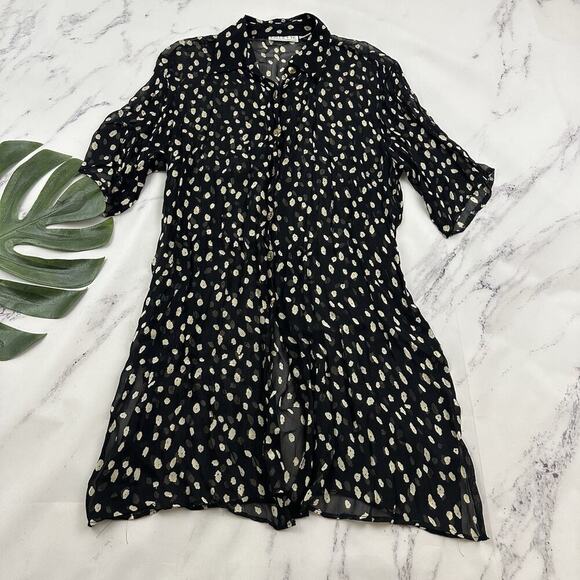 Lolette Womens Vintage 90s Sheer Tunic Top Size XL Black Cream Floral Buttons - Picture 1 of 9
